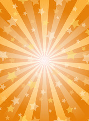 Sunlight vertical background. Orange color burst background with shining stars. Vector illustration.