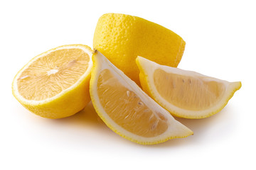 Ripe slice of yellow lemon citrus fruit isolated over white background