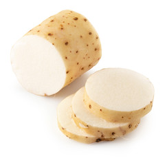 Yamaimo roots and slices or Chinese yam isolated over white background