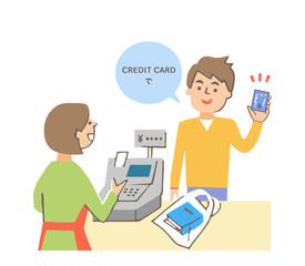 レジでクレジットカードで支払う男性