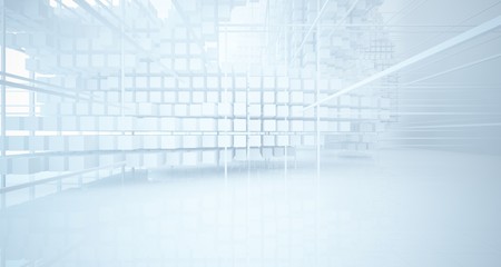 Abstract white architectural interior from an array of white cubes with large windows. 3D illustration and rendering.