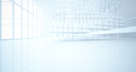 Abstract white architectural interior from an array of white cubes with large windows. 3D illustration and rendering.