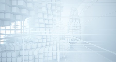 Abstract white architectural interior from an array of white cubes with large windows. 3D illustration and rendering.