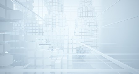 Abstract white architectural interior from an array of white cubes with large windows. 3D illustration and rendering.