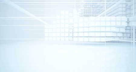 Abstract white architectural interior from an array of white cubes with large windows. 3D illustration and rendering.