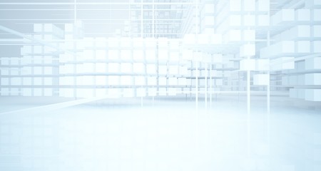 Fototapeta na wymiar Abstract white architectural interior from an array of white cubes with large windows. 3D illustration and rendering.