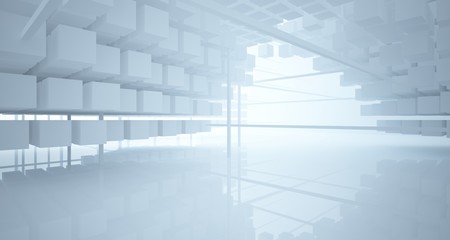 Fototapeta premium Abstract white architectural interior from an array of white cubes with large windows. 3D illustration and rendering.