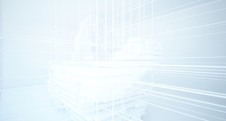 Abstract white architectural interior from an array of white cubes with large windows. 3D illustration and rendering.