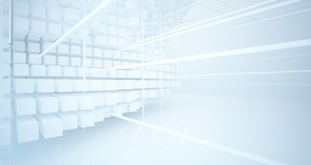 Abstract white architectural interior from an array of white cubes with large windows. 3D illustration and rendering.