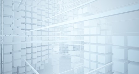 Abstract white architectural interior from an array of white cubes with large windows. 3D illustration and rendering.