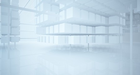 Abstract white architectural interior from an array of white cubes with large windows. 3D illustration and rendering.