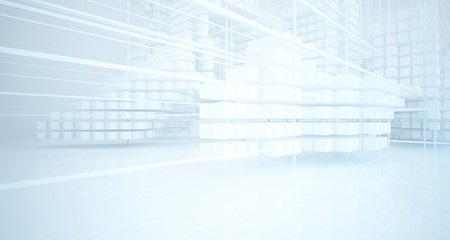 Abstract white architectural interior from an array of white cubes with large windows. 3D illustration and rendering.