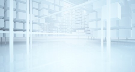Abstract white architectural interior from an array of white cubes with large windows. 3D illustration and rendering.