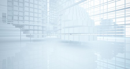 Abstract white architectural interior from an array of white cubes with large windows. 3D illustration and rendering.