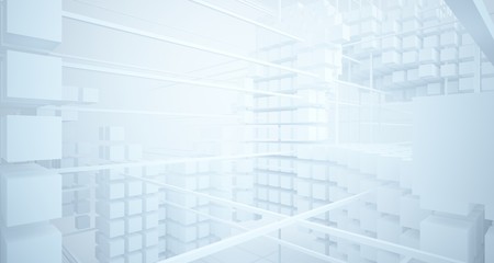 Abstract white architectural interior from an array of white cubes with large windows. 3D illustration and rendering.