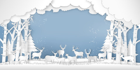 Paper art , cut and digital craft style of Deers in the pine forest in the winter season with trees and snow  as Merry Christmas and happy new year concept. vector illustration