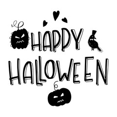 Happy halloween lettering phrase with heart, spider and candy illustratios. Vector