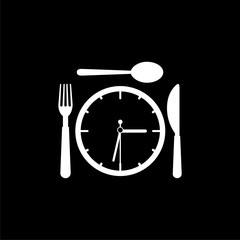 Plate with clock, fork, spoon and knife icon isolated on black background