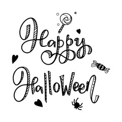 Happy halloween lettering phrase with heart, spider and candy illustratios