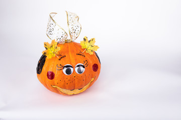 decorated pumpkin on white background Halloween concept