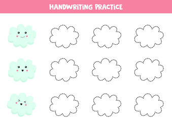 Educational worksheet for preschool kids. Tracing lines. Handwriting practice with clouds. 