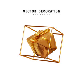 Creative realistic gift boxes in an empty golden cube. Festive decorative design elements. Decoration holiday objects. Vector illustration.