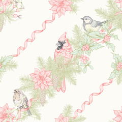 Christmas wreath of spruce, pine, poinsettia with winter birds: robin, cardinal, tit. Seamless pattern. Graphic drawing, engraving style. Vector illustration..