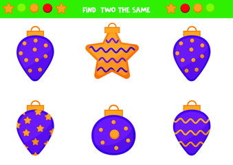 Educational worksheet for preschool kids. Find two the same Christmas balls. Logic game. 