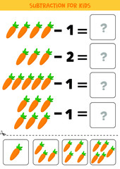 Educational worksheet for kids. Subtraction for kids with carrots. Math game for preschool kids.