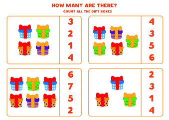 Educational worksheet for preschool kids. Count the Christmas gifts. How many are there. Math game for kids. 