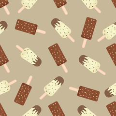 Ice cream seamless pattern. Chocolate dessert on brown background. 