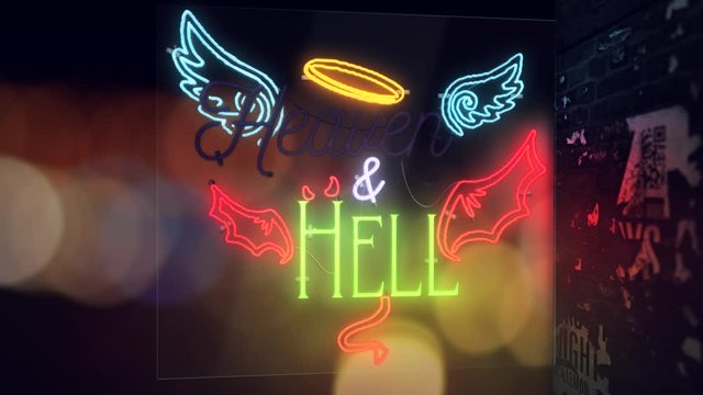 Realistic 3D render of a vivid and vibrant flashing animated neon sign, with the words Heaven & Hell flashing alternately, with a exterior misty night scene background