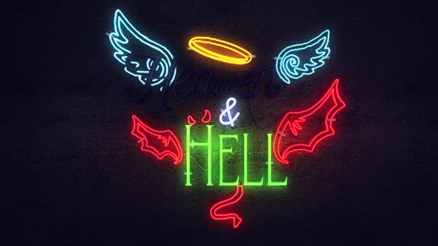 Realistic 3D render of a vivid and vibrant flashing animated neon sign, with the words Heaven & Hell flashing alternately, with a concrete wall background
