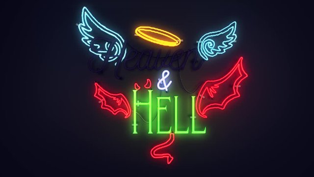Realistic 3D render of a vivid and vibrant flashing animated neon sign, with the words Heaven & Hell flashing alternately, with a plain background