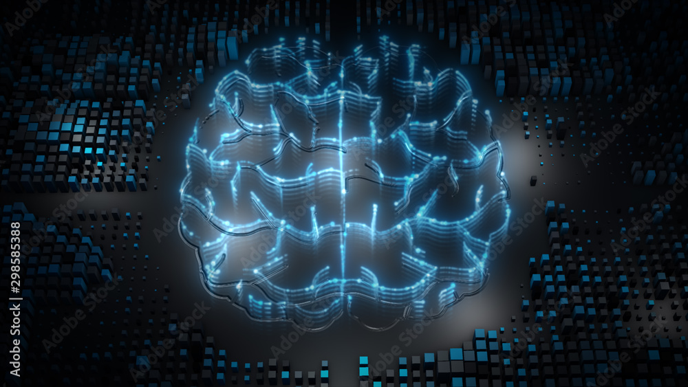 Poster artificial intelligence (ai) brain, big data flow analysis, deep learning modern technologies concep
