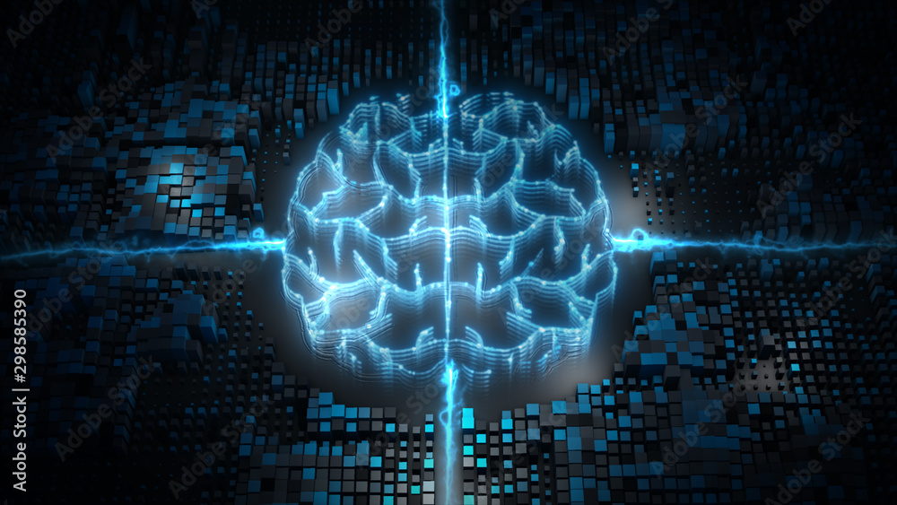 Poster artificial intelligence (ai) brain, big data flow analysis, deep learning modern technologies concep
