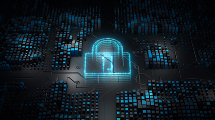 Lock Icon Cyber Security, Digital Data Network Protection, Future Technology Network Background Concept.