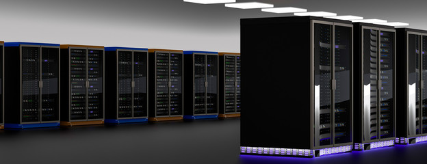 Server room data center. Backup, mining, hosting, mainframe, farm and computer rack with storage information. 3d render