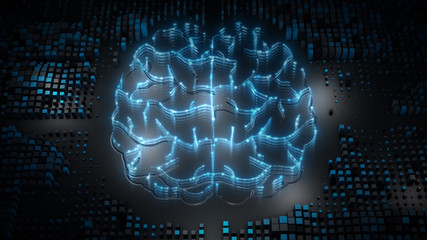 Artificial intelligence (AI) brain, big data flow analysis, deep learning modern technologies concepts. Super fast technology network connection.