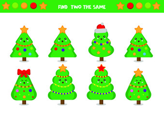 Naklejka premium Find two the same christmas trees. Educational game for kids. printable worksheet