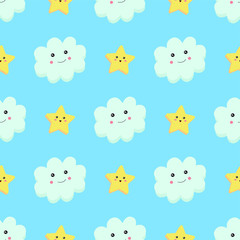 Seamless pattern, cloud and stars on blue background.