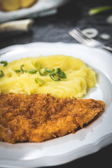 Chicken steak or schnitzel with mashed potatoes