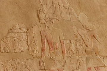 Ancient egyptian paintings and hieroglyphs on a wall in Mortuary temple of Hatshepsut in Luxor, Egypt