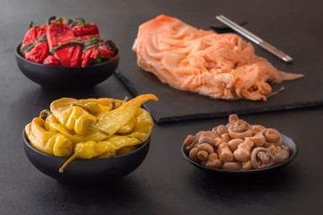 Fermented foods hot peppers, mushrooms and kimchi cabbage - traditional Korean food