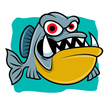 Cartoon angry piranha fish with big sharp teeth on blue sea background - vector mascot character,