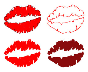 Set lip print. Red lipstick prints hand drawn in flat style isolated on white background.