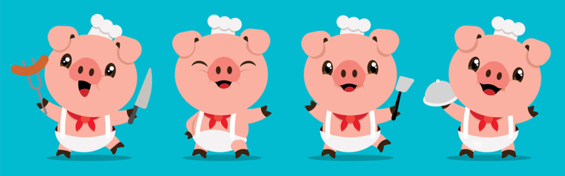 Cartoon cute pig chef mascot series. Cartoon cute pig holding kitchen tools. Flat art vector illustration - vector