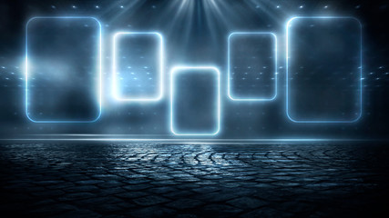 Wet asphalt, reflection of neon lights, a searchlight, smoke. Abstract light in a dark empty street...