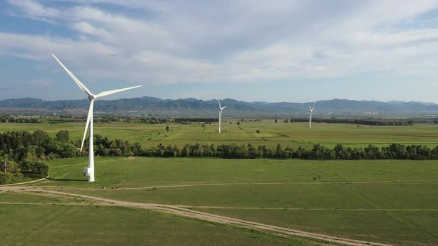 Aerial View Of Clean And Renewable Wind Power Farm at Beijing suburbs.