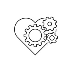 Heart with gears icon. Outline thin line flat illustration. Isolated on white background. 